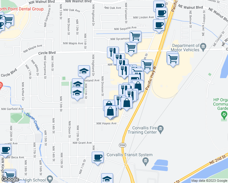 map of restaurants, bars, coffee shops, grocery stores, and more near 1740 Northwest 9th Street in Corvallis