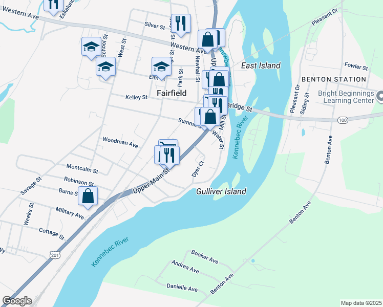 map of restaurants, bars, coffee shops, grocery stores, and more near 100 Main Street in Fairfield