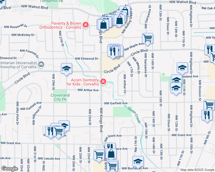 map of restaurants, bars, coffee shops, grocery stores, and more near 2041 Northwest Arthur Place in Corvallis