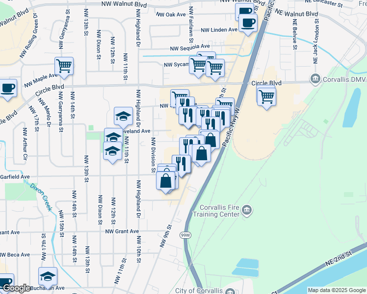 map of restaurants, bars, coffee shops, grocery stores, and more near 1746 NW 9th St in Corvallis