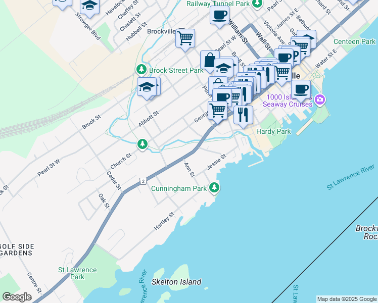 map of restaurants, bars, coffee shops, grocery stores, and more near 322 King Street West in Brockville