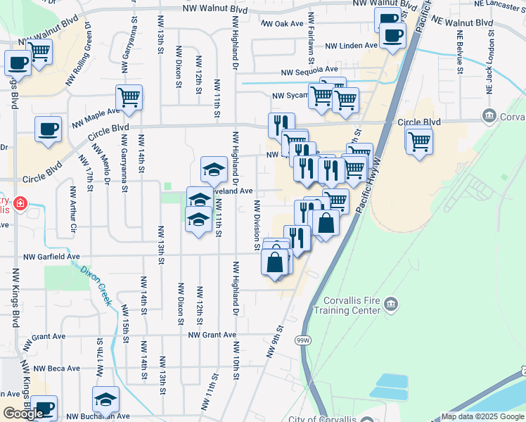map of restaurants, bars, coffee shops, grocery stores, and more near 1686 Northwest Division Street in Corvallis