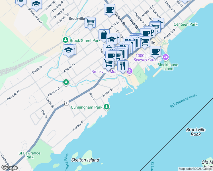 map of restaurants, bars, coffee shops, grocery stores, and more near 38 Jessie Street in Brockville