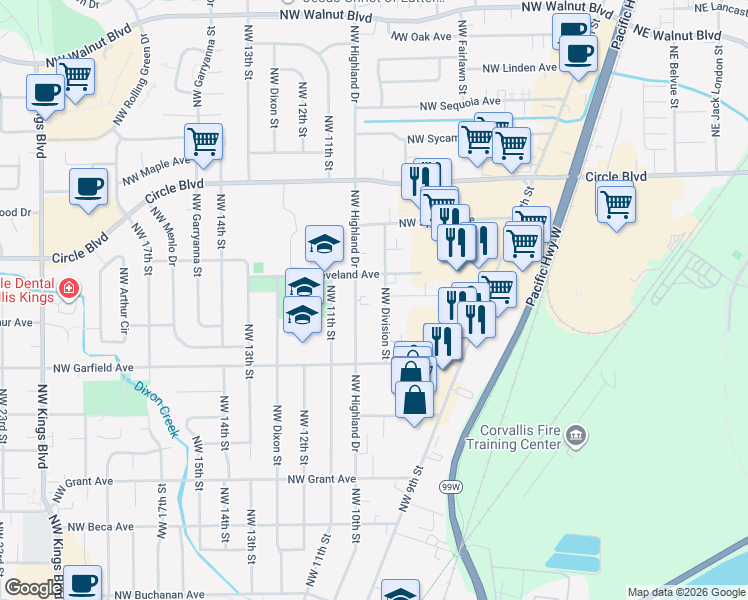 map of restaurants, bars, coffee shops, grocery stores, and more near 1720 Northwest Division Street in Corvallis