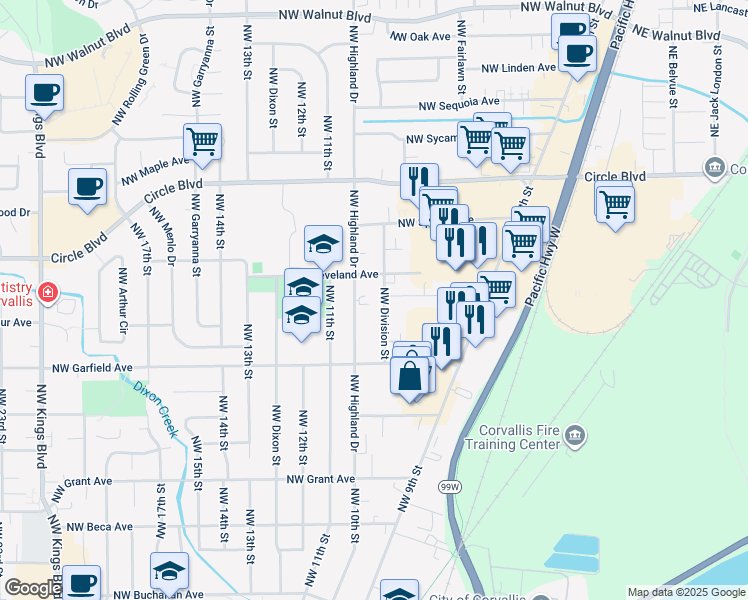 map of restaurants, bars, coffee shops, grocery stores, and more near 1686 Northwest Division Street in Corvallis