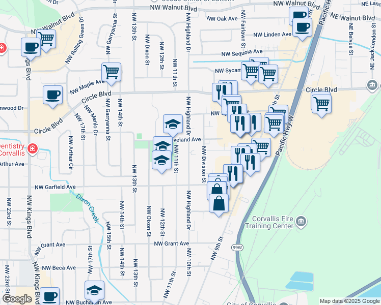 map of restaurants, bars, coffee shops, grocery stores, and more near 1661 Northwest Highland Drive in Corvallis
