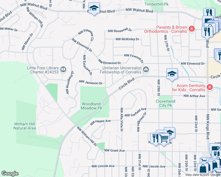map of restaurants, bars, coffee shops, grocery stores, and more near 3510 Northwest Circle Boulevard in Corvallis