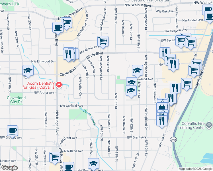 map of restaurants, bars, coffee shops, grocery stores, and more near 1712 Northwest 14th Street in Corvallis