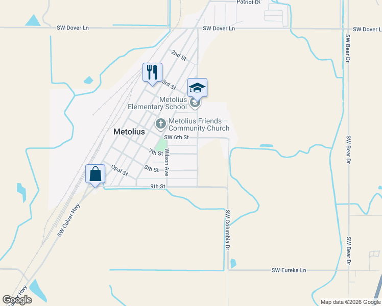 map of restaurants, bars, coffee shops, grocery stores, and more near 591 8th Street in Metolius
