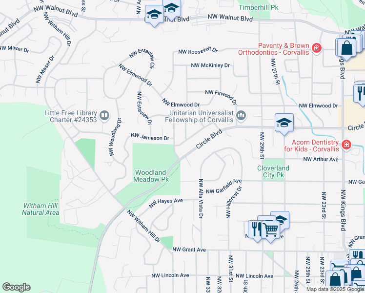 map of restaurants, bars, coffee shops, grocery stores, and more near 3510 Northwest Circle Boulevard in Corvallis