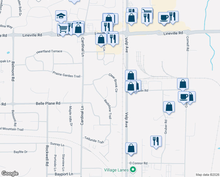 map of restaurants, bars, coffee shops, grocery stores, and more near 2458 Clear Brook Circle in Green Bay