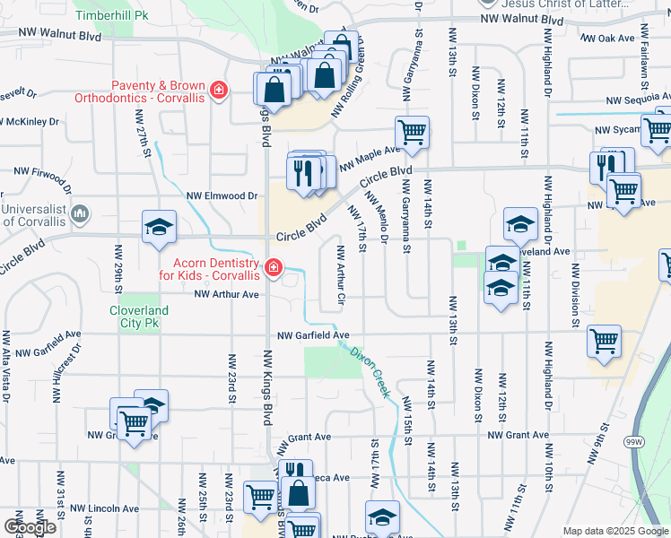 map of restaurants, bars, coffee shops, grocery stores, and more near 1640 Northwest Arthur Circle in Corvallis