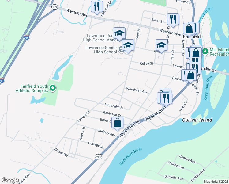 map of restaurants, bars, coffee shops, grocery stores, and more near 32 Savage Street in Fairfield