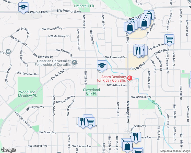 map of restaurants, bars, coffee shops, grocery stores, and more near 1730 Northwest 27th Street in Corvallis