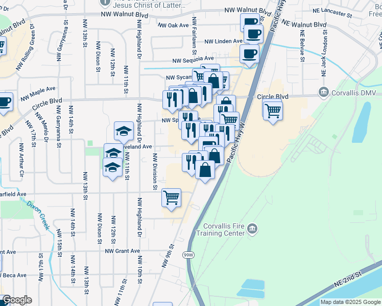 map of restaurants, bars, coffee shops, grocery stores, and more near 1860 Northwest 9th Street in Corvallis