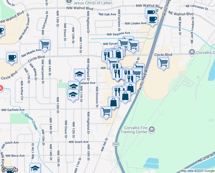 map of restaurants, bars, coffee shops, grocery stores, and more near 1838 Northwest 9th Street in Corvallis
