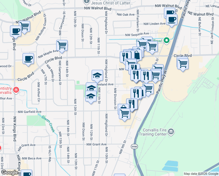map of restaurants, bars, coffee shops, grocery stores, and more near in Corvallis
