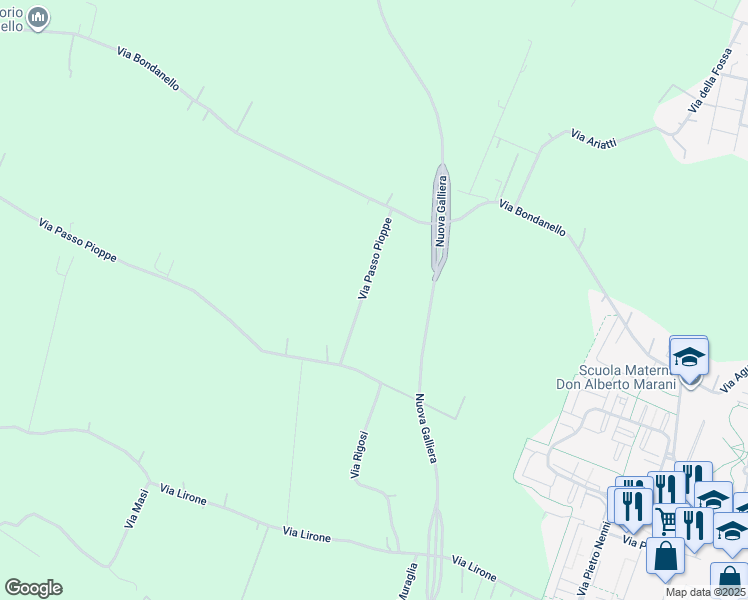 map of restaurants, bars, coffee shops, grocery stores, and more near Via Passo Pioppe in Bologna