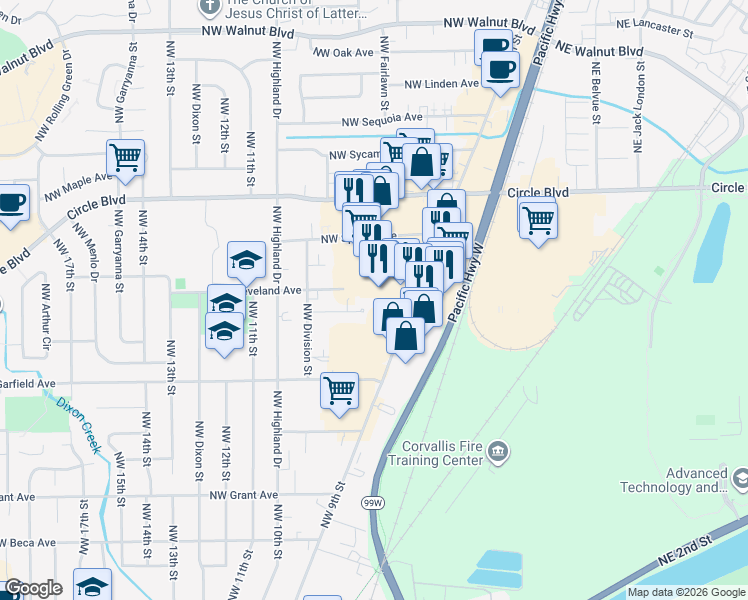 map of restaurants, bars, coffee shops, grocery stores, and more near 935 Northwest Hobart Avenue in Corvallis