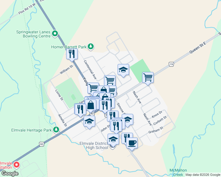 map of restaurants, bars, coffee shops, grocery stores, and more near 13 Shaw Street in Elmvale