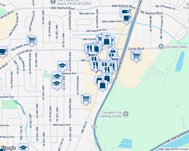 map of restaurants, bars, coffee shops, grocery stores, and more near 1860 Northwest 9th Street in Corvallis
