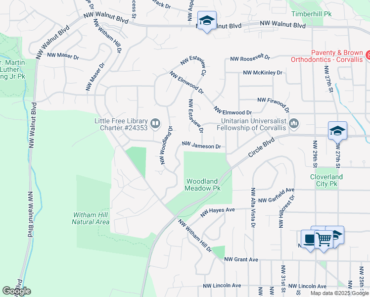 map of restaurants, bars, coffee shops, grocery stores, and more near 3871 Northwest Jameson Drive in Corvallis