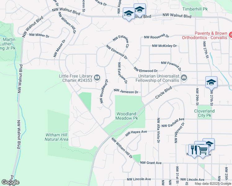 map of restaurants, bars, coffee shops, grocery stores, and more near 3871 Northwest Jameson Drive in Corvallis