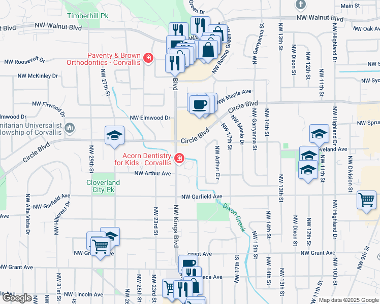 map of restaurants, bars, coffee shops, grocery stores, and more near 1867 Northwest Kings Boulevard in Corvallis