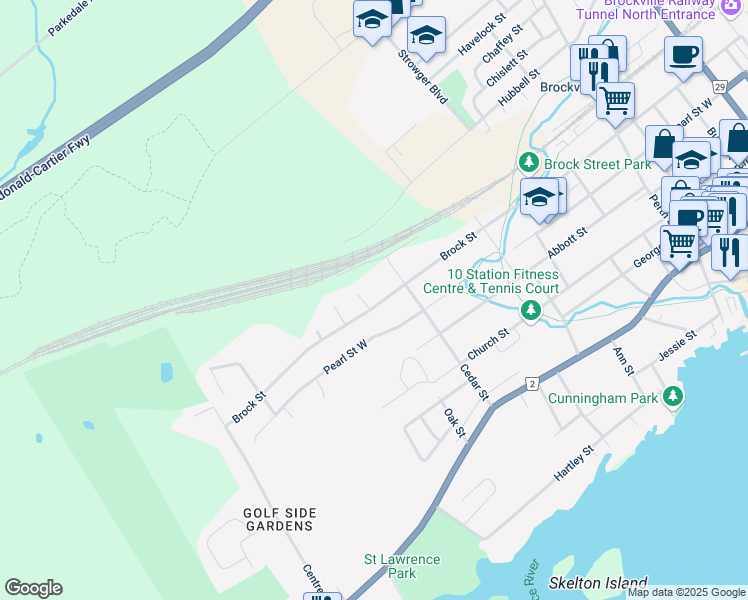 map of restaurants, bars, coffee shops, grocery stores, and more near 364 Brock Street in Brockville