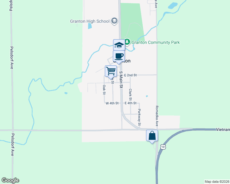 map of restaurants, bars, coffee shops, grocery stores, and more near 317 South Main Street in Granton