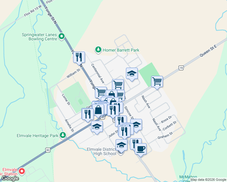 map of restaurants, bars, coffee shops, grocery stores, and more near 19 B Yonge Street North in Springwater