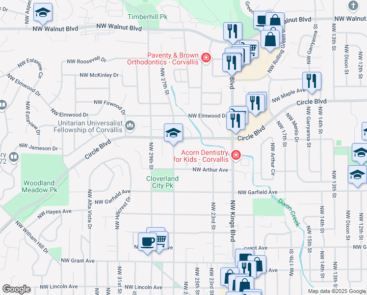 map of restaurants, bars, coffee shops, grocery stores, and more near 1825 Northwest 27th Street in Corvallis