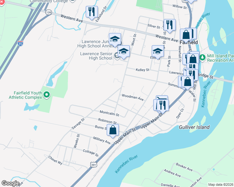 map of restaurants, bars, coffee shops, grocery stores, and more near 32 Savage Street in Waterville