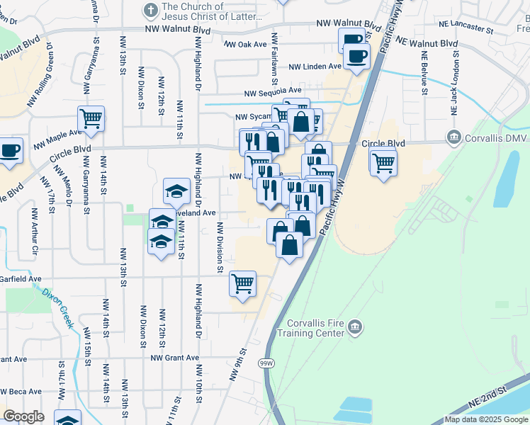 map of restaurants, bars, coffee shops, grocery stores, and more near 1860 Northwest 9th Street in Corvallis