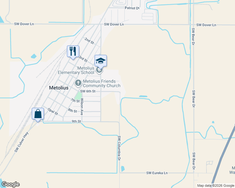 map of restaurants, bars, coffee shops, grocery stores, and more near 516 Southwest 6th Street in Metolius