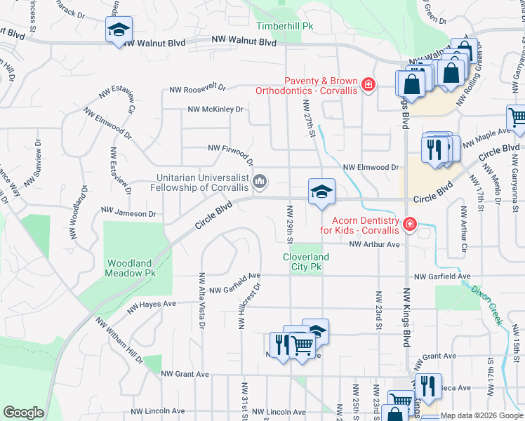 map of restaurants, bars, coffee shops, grocery stores, and more near 1831 Northwest Hawthorn Place in Corvallis
