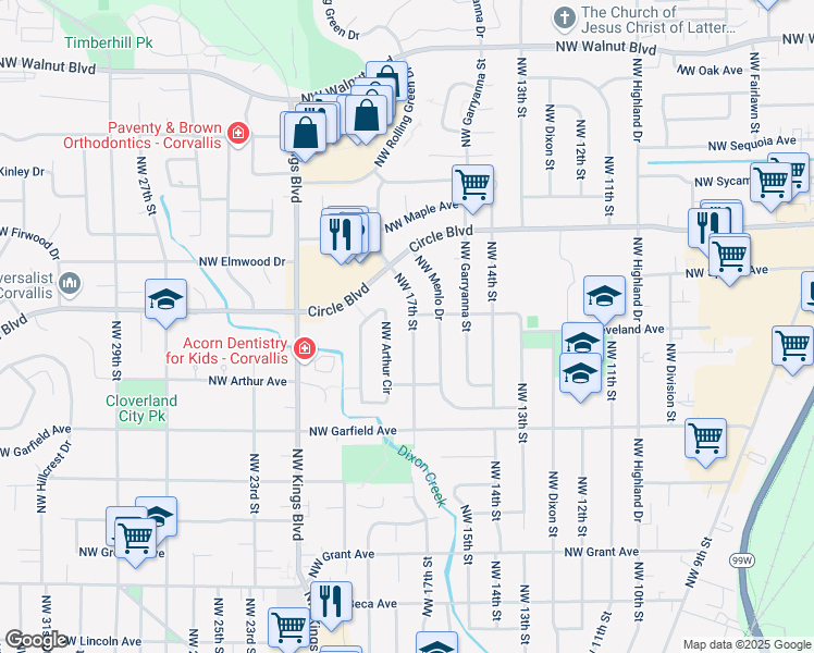 map of restaurants, bars, coffee shops, grocery stores, and more near 1770 Northwest 17th Street in Corvallis