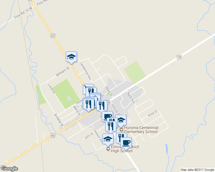 map of restaurants, bars, coffee shops, grocery stores, and more near 13 Shaw Street in Elmvale