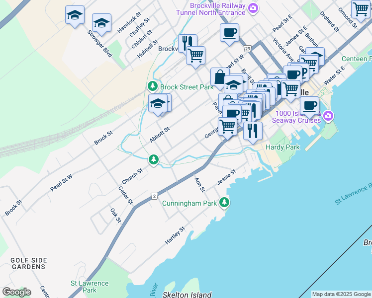 map of restaurants, bars, coffee shops, grocery stores, and more near 186 George Street in Brockville