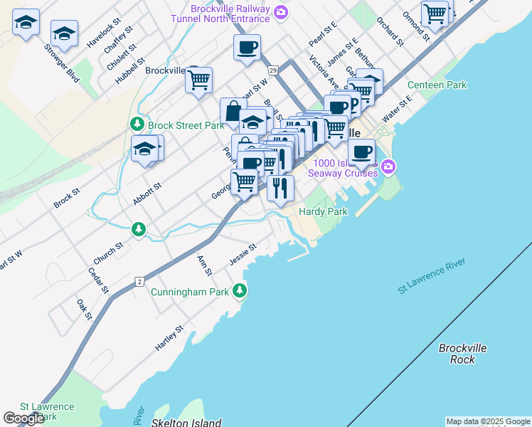 map of restaurants, bars, coffee shops, grocery stores, and more near Saint Paul Street in Brockville