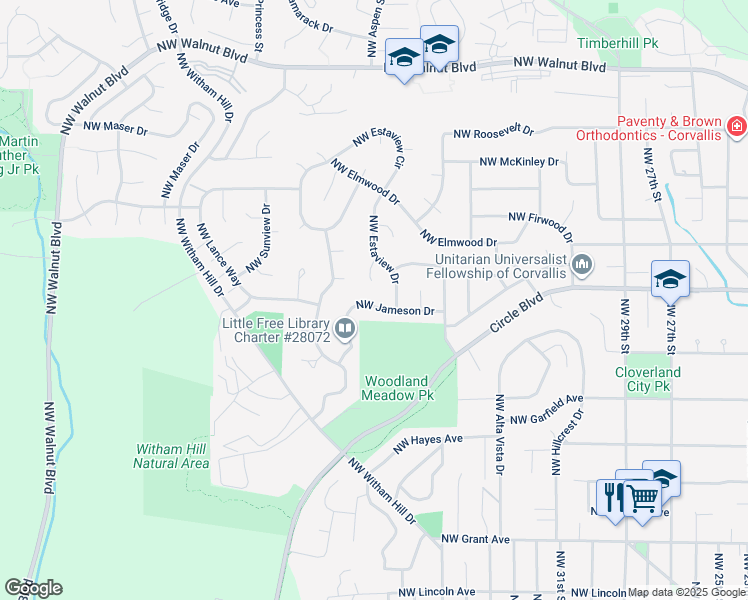map of restaurants, bars, coffee shops, grocery stores, and more near 3871 Northwest Jameson Drive in Corvallis