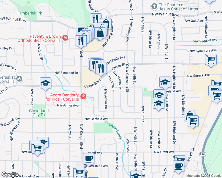 map of restaurants, bars, coffee shops, grocery stores, and more near 1770 Northwest 17th Street in Corvallis
