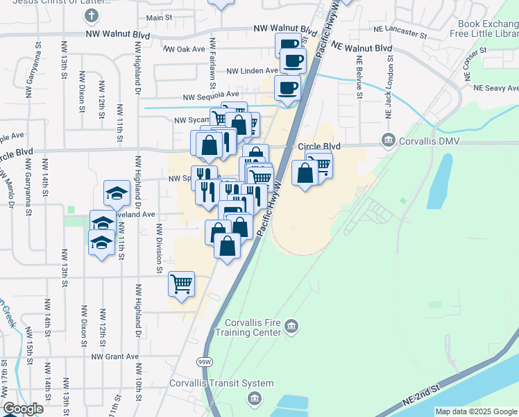 map of restaurants, bars, coffee shops, grocery stores, and more near 1853 Northwest 9th Street in Corvallis