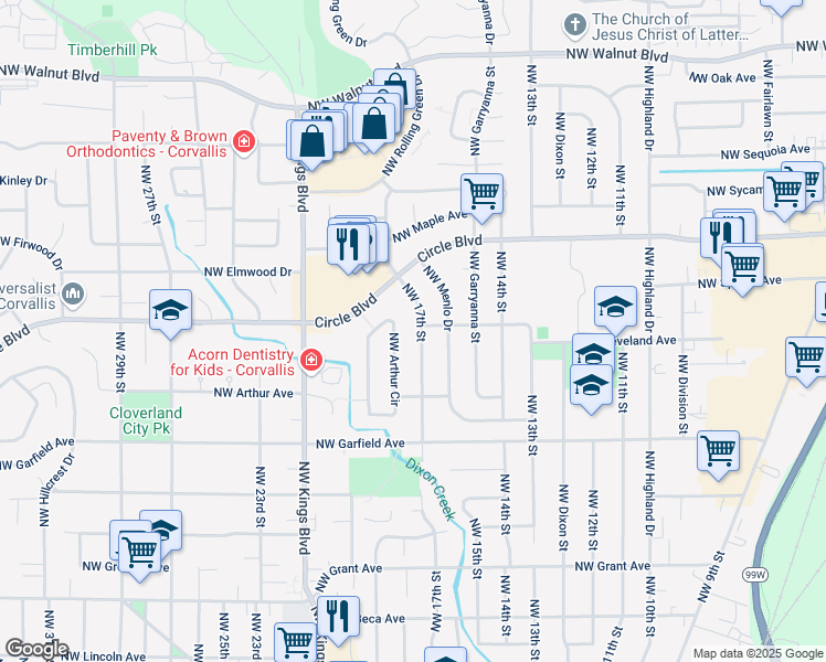 map of restaurants, bars, coffee shops, grocery stores, and more near 1770 Northwest 17th Street in Corvallis