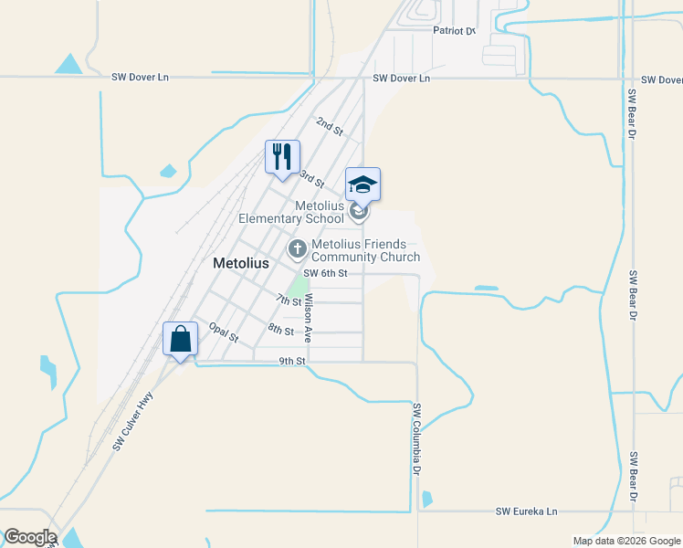 map of restaurants, bars, coffee shops, grocery stores, and more near 518 Southwest 6th Street in Metolius