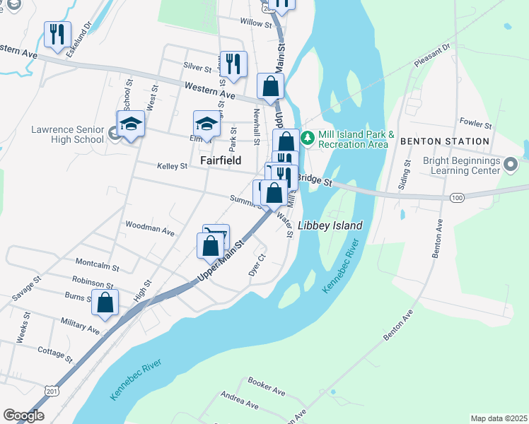 map of restaurants, bars, coffee shops, grocery stores, and more near 122 Main Street in Fairfield