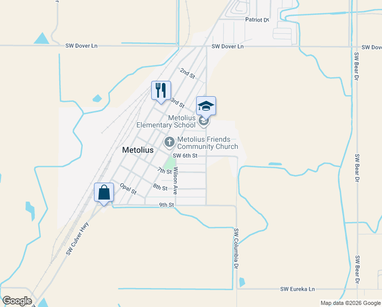 map of restaurants, bars, coffee shops, grocery stores, and more near 518 Southwest 6th Street in Metolius