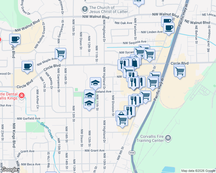 map of restaurants, bars, coffee shops, grocery stores, and more near in Corvallis