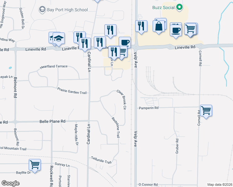 map of restaurants, bars, coffee shops, grocery stores, and more near 2486 Clear Brook Circle in Green Bay