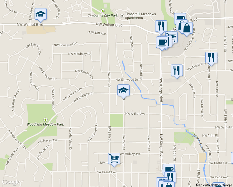 map of restaurants, bars, coffee shops, grocery stores, and more near Northwest Circle Boulevard & Northwest Circle Place in Corvallis